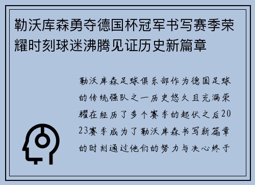 勒沃库森勇夺德国杯冠军书写赛季荣耀时刻球迷沸腾见证历史新篇章
