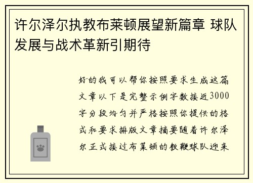 许尔泽尔执教布莱顿展望新篇章 球队发展与战术革新引期待