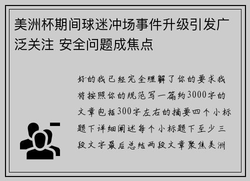 美洲杯期间球迷冲场事件升级引发广泛关注 安全问题成焦点 美洲杯期间球迷冲场事件升级引发广泛关注 安全问题成焦点